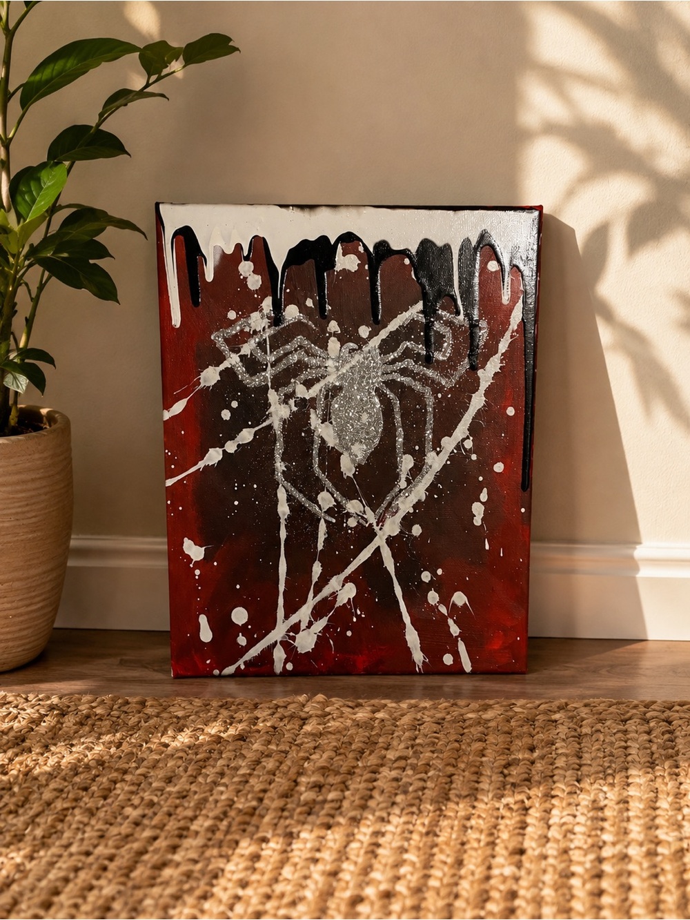 Abstract Spider Drip Painting in Red, Black, White